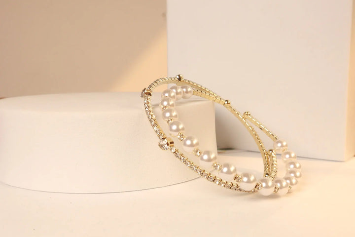 Set of 2 pearls and zircon bracelet- Golden
