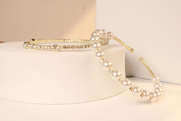 Set of 2 pearls and zircon bracelet- Golden