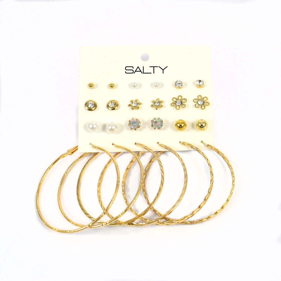 Set of 12 Trendy Everyday Studs and Hoops - Gold