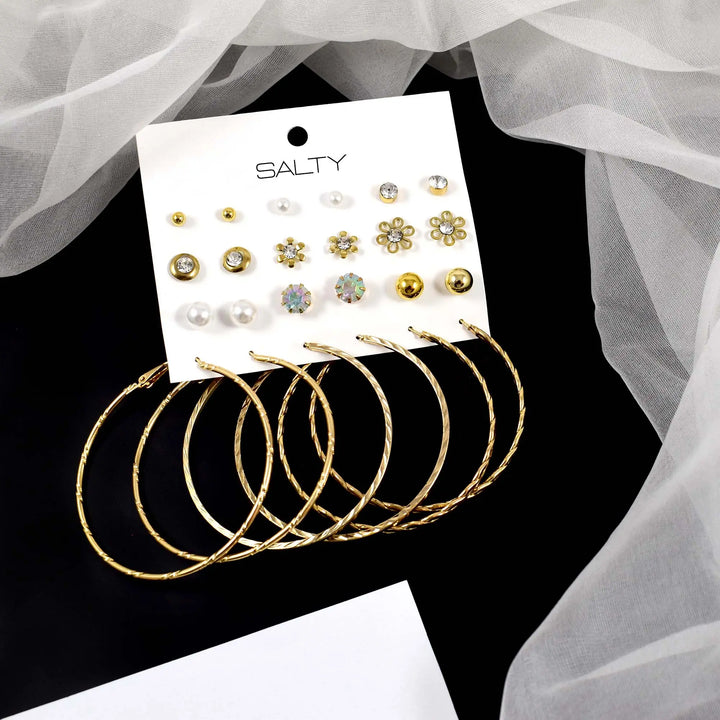 Set of 12 Trendy Everyday Studs and Hoops - Gold