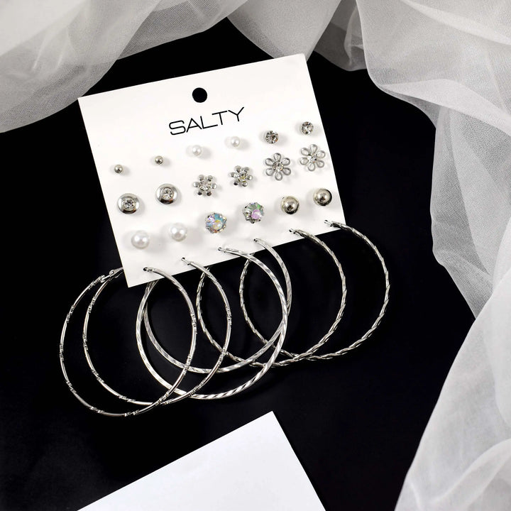 Set of 12 Trendy Everyday Studs and Hoops - Silver