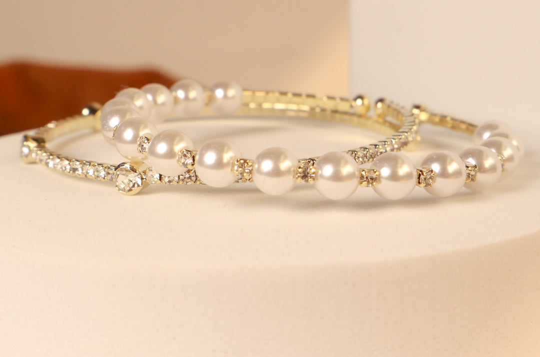 Set of 2 pearls and zircon bracelet- Golden