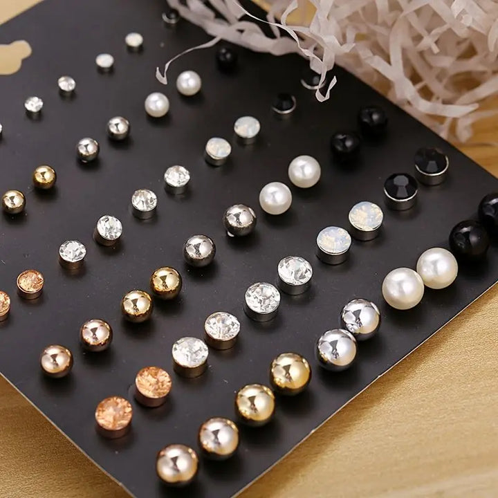 Set of 30 Everyday Office Pearl and Crystal Stud Earrings