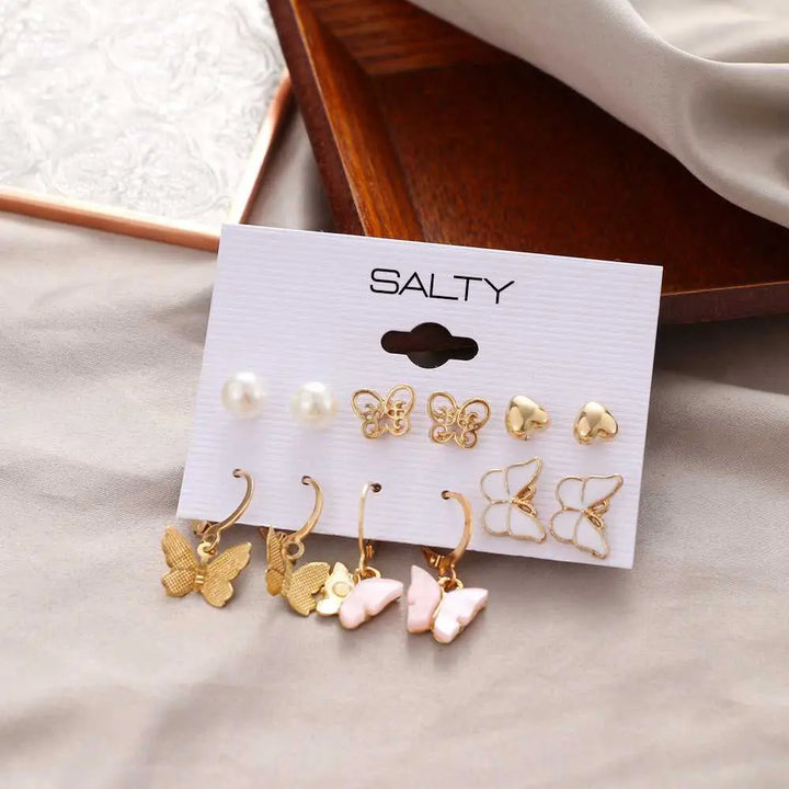 Set of 6 Butterfly Drop Earrings and Studs