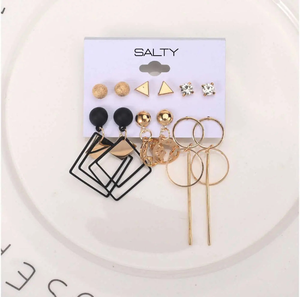 Set of 6 Long Drop Gold and Black Earrings and Studs