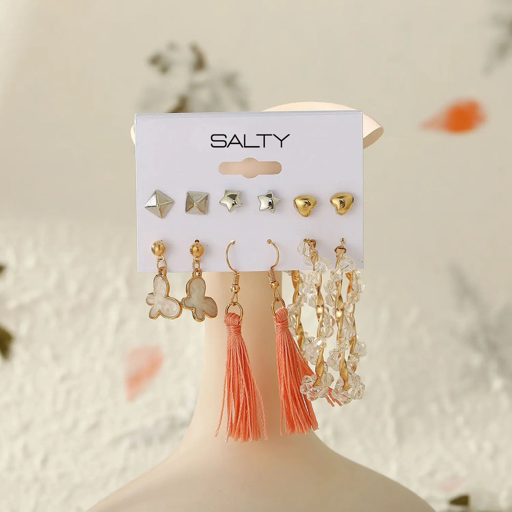 Set of 6 Orange Tassel Creative Dangler Simple Retro Earrings and Studs