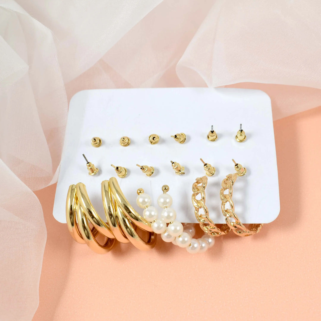 Set of 6 Quirky Minimalist Gold Pearl Hoops and Cuffs