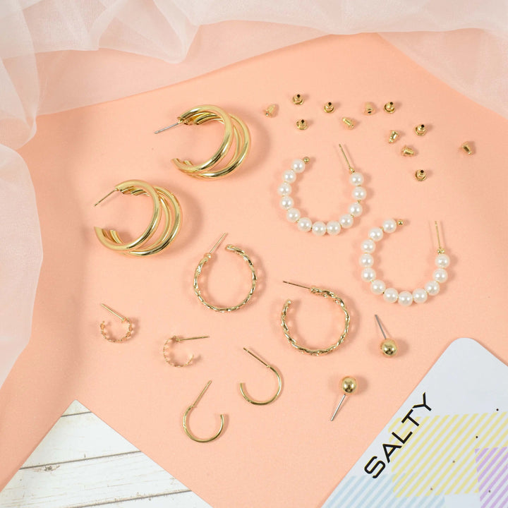 Set of 6 Quirky Minimalist Gold Pearl Hoops and Cuffs