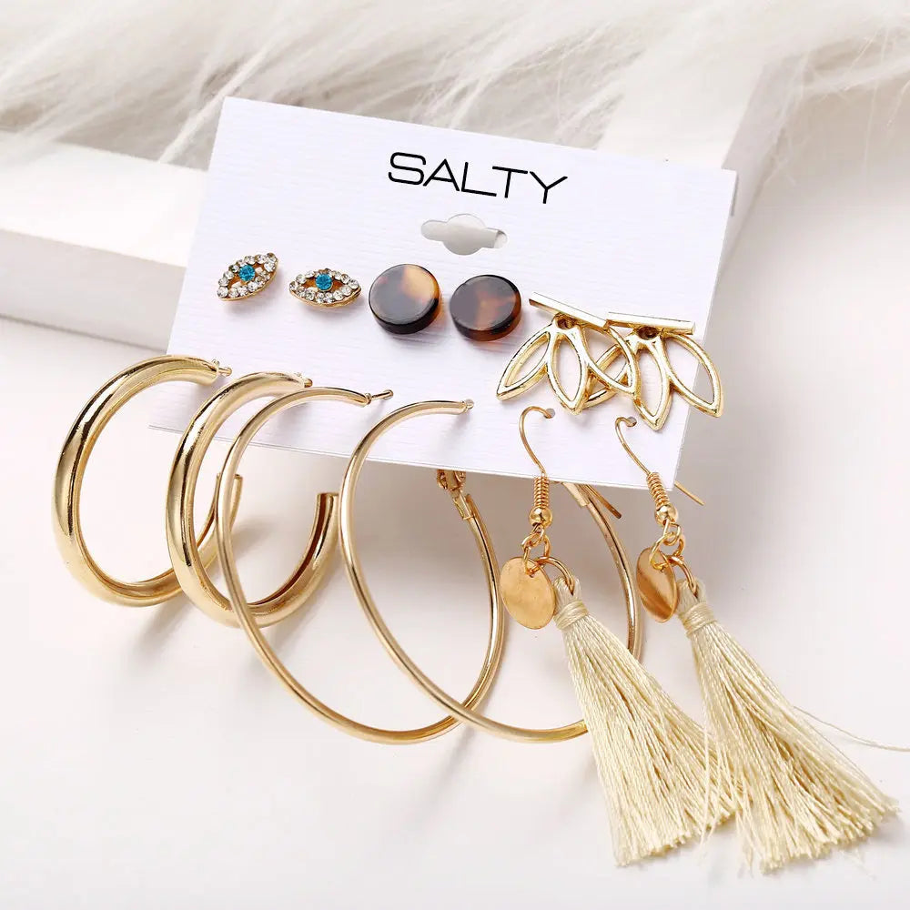 Set of 6 Tassel Dangle & Gold Alloy Hoop Eardrop Earrings and Studs