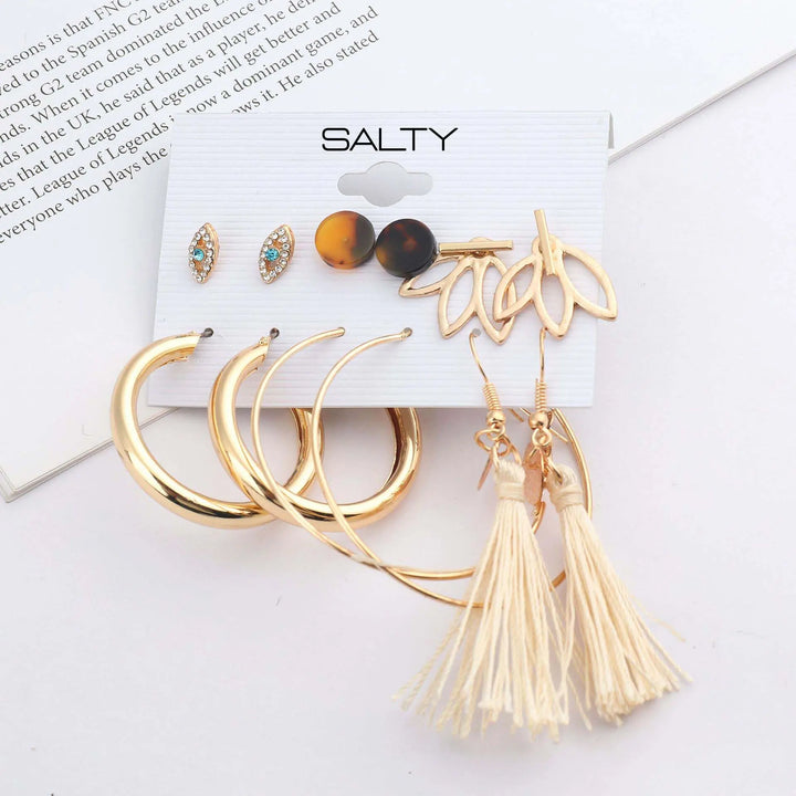 Set of 6 Tassel Dangle & Gold Alloy Hoop Eardrop Earrings and Studs