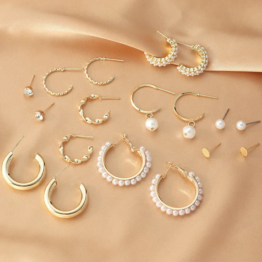 Set of 9 Gold Chunky Real Freshwater Pearl Hoops and Studs