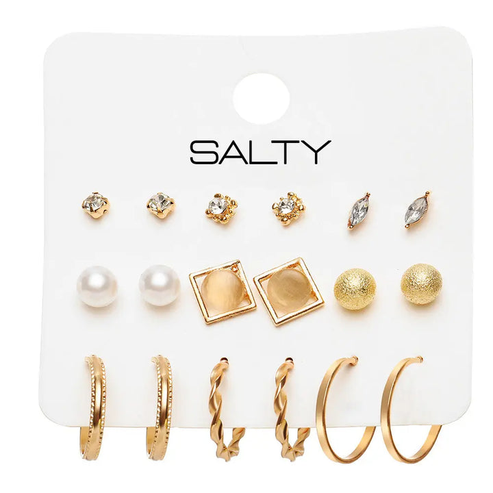 Set of 9 Gold Huggie Hoop Earrings and Studs