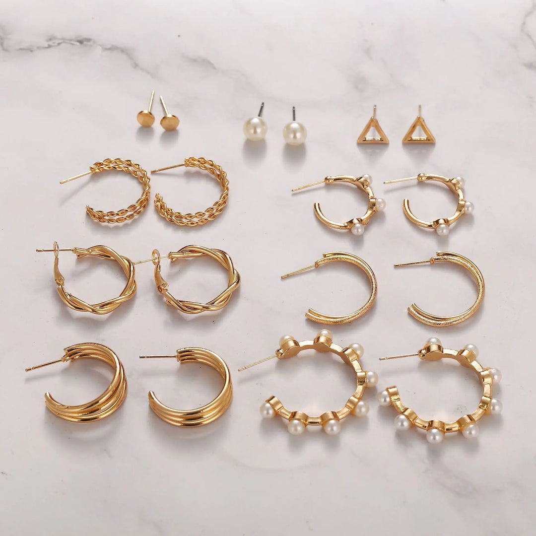 Set of 9 Gold Personality Pearl Gold Plated Vintage Hoops and Studs