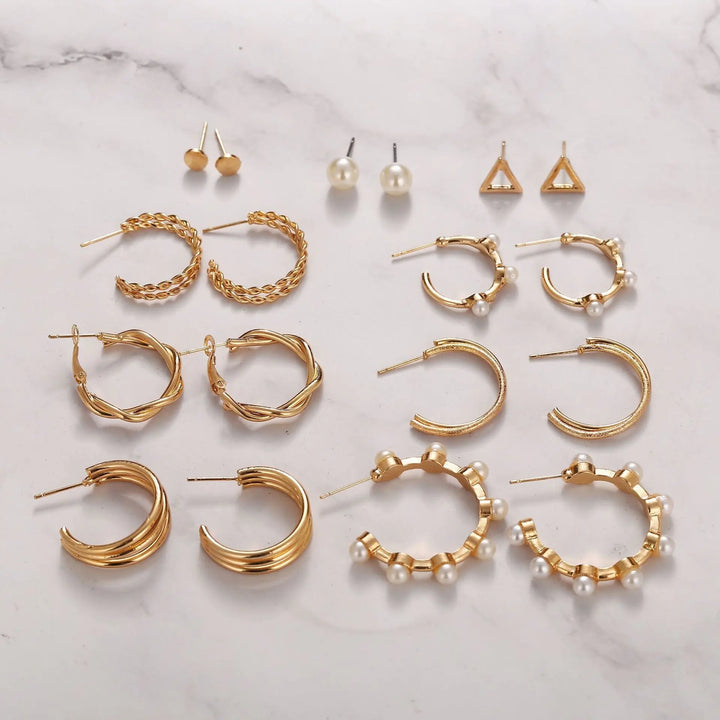 Set of 9 Gold Personality Pearl Gold Plated Vintage Hoops and Studs