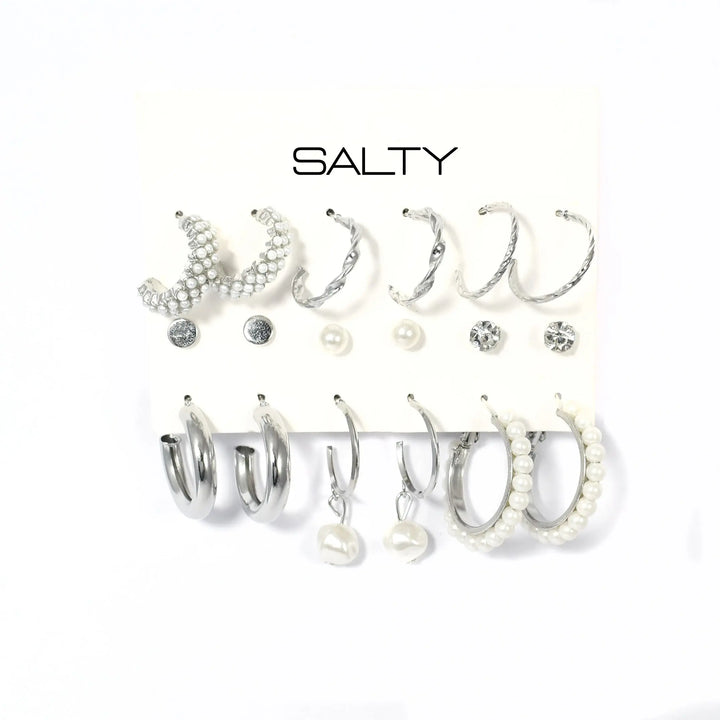 Set of 9 Silver Chunky Real Freshwater Pearl Hoops and Studs