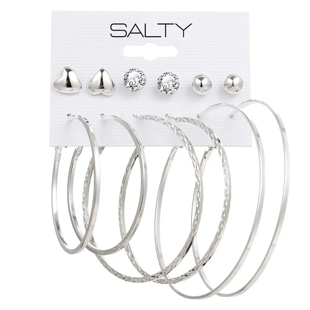 Set of 6 Silver Flat and Textured Hoops with Heart Studs