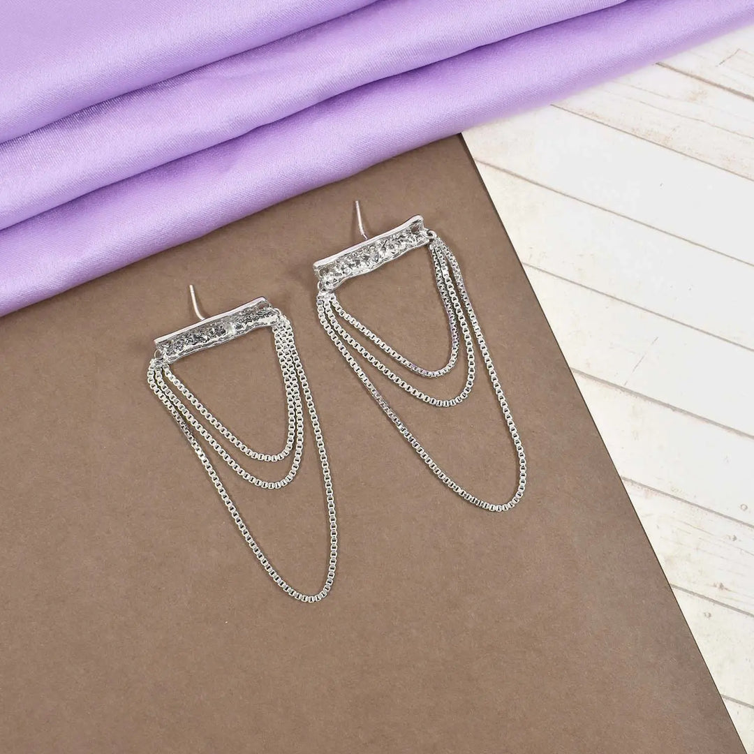 Silver Plate and Three Chain Layered Earrings