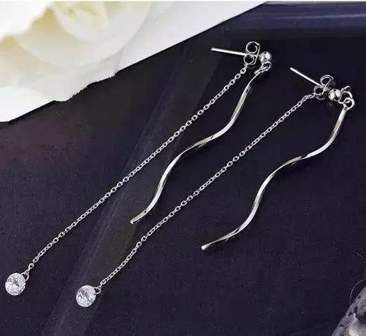 Silver Simple Wave Tassel Zircon Line Threader Earrings