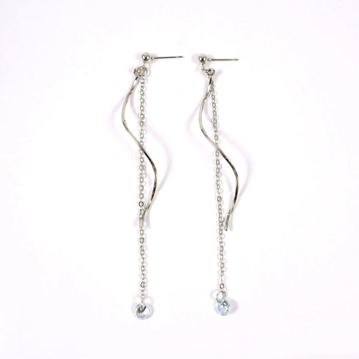 Silver Simple Wave Tassel Zircon Line Threader Earrings