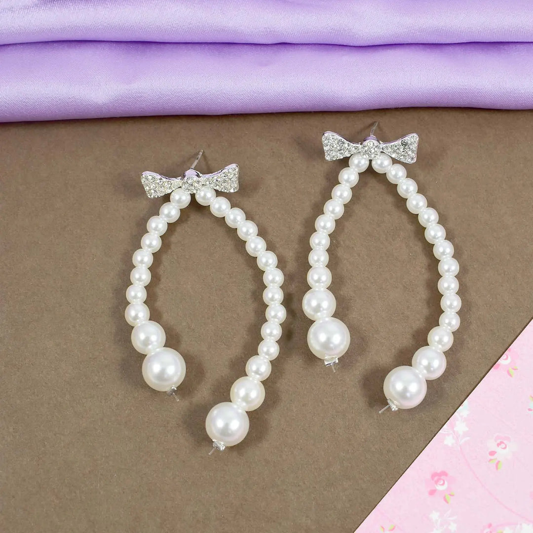 Sparkling Bow Pearl Drop Earrings