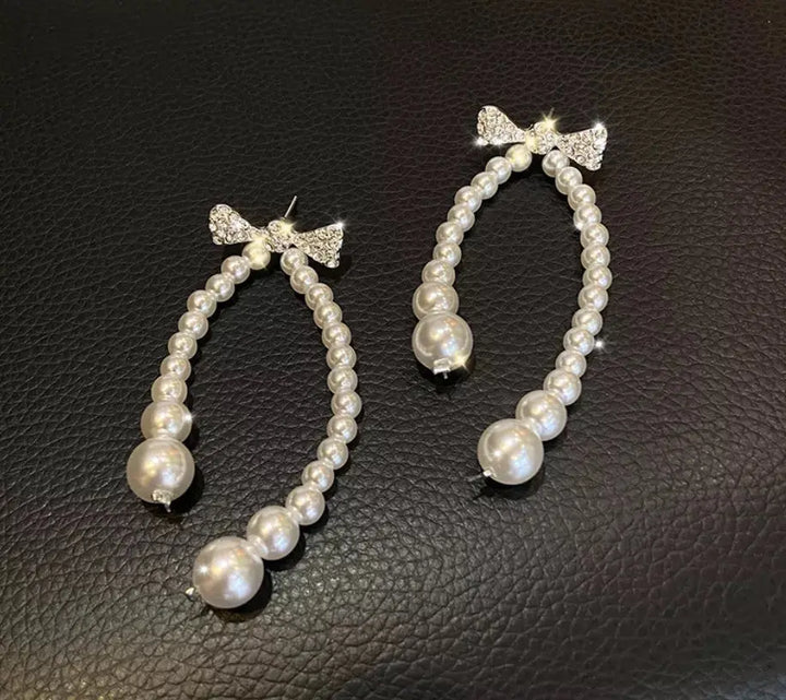 Sparkling Bow Pearl Drop Earrings