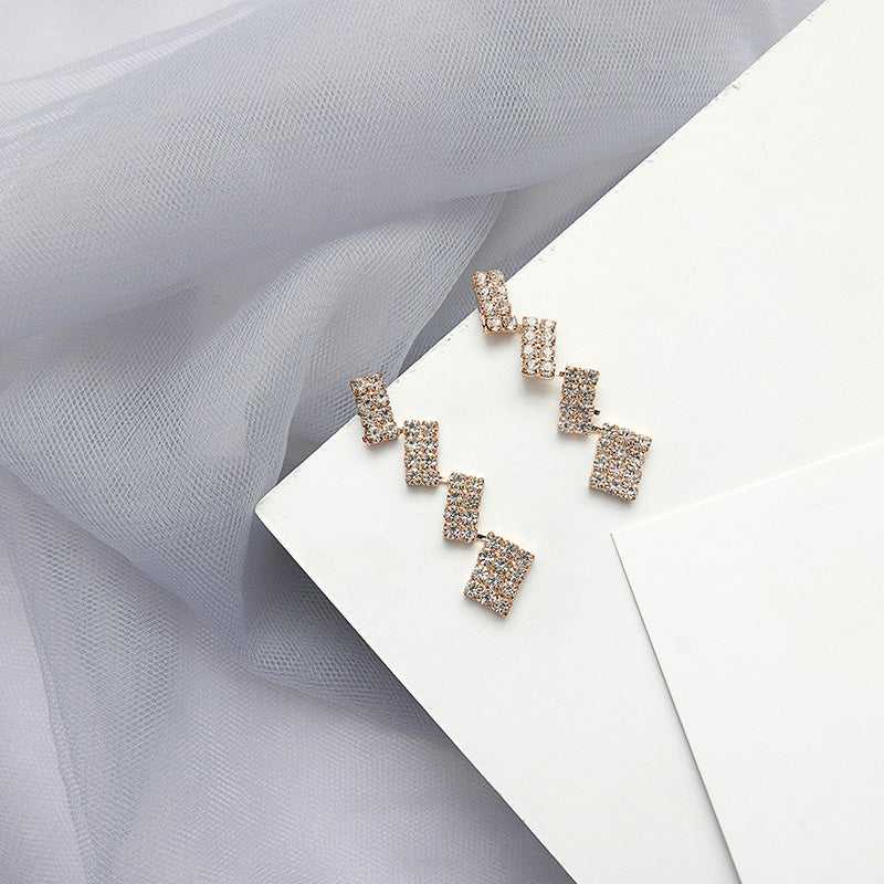 Square Splicing Zirconia Studded Drop Earrings