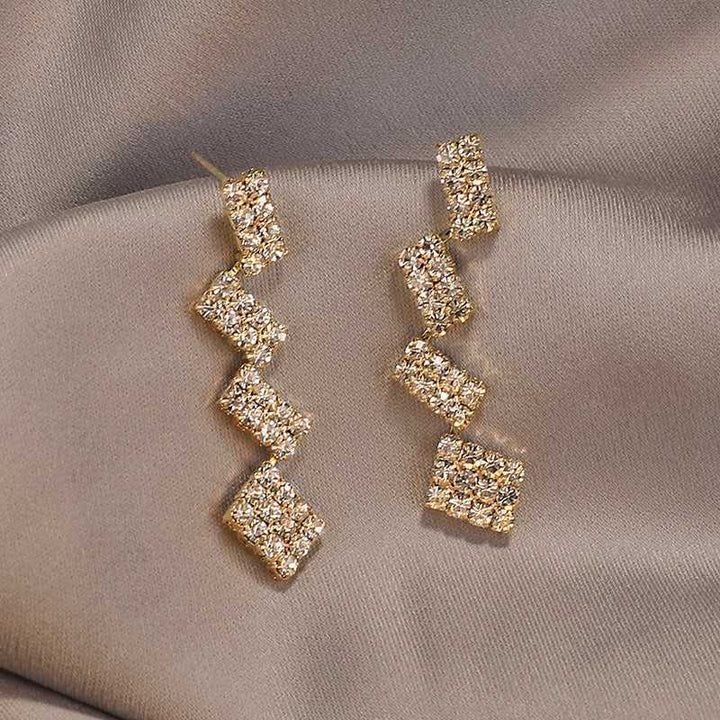 Square Splicing Zirconia Studded Drop Earrings