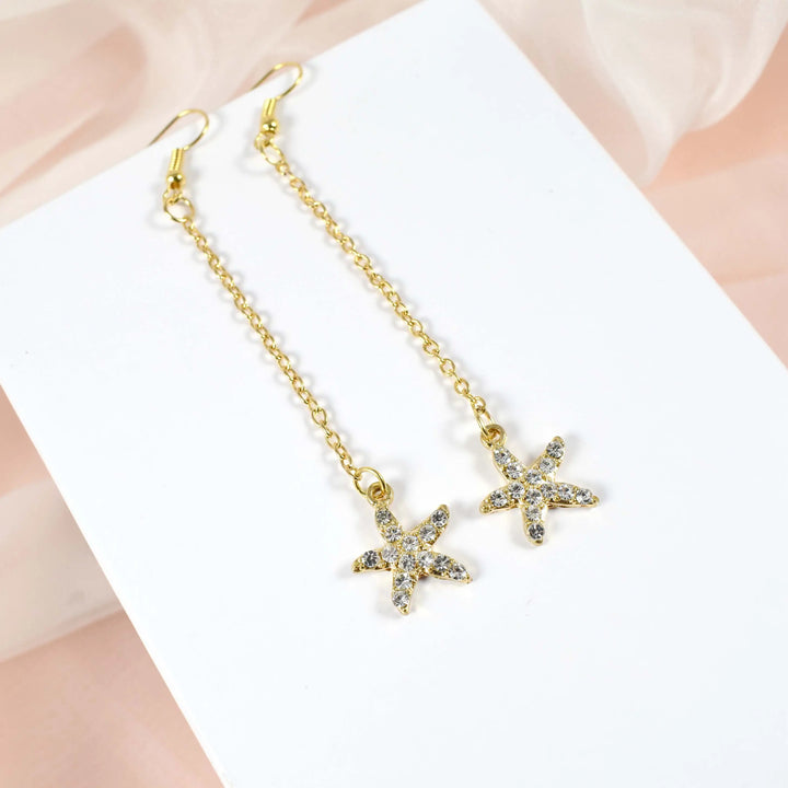 Starfish Chain Brass Plated Studded Tassel Drop Earrings