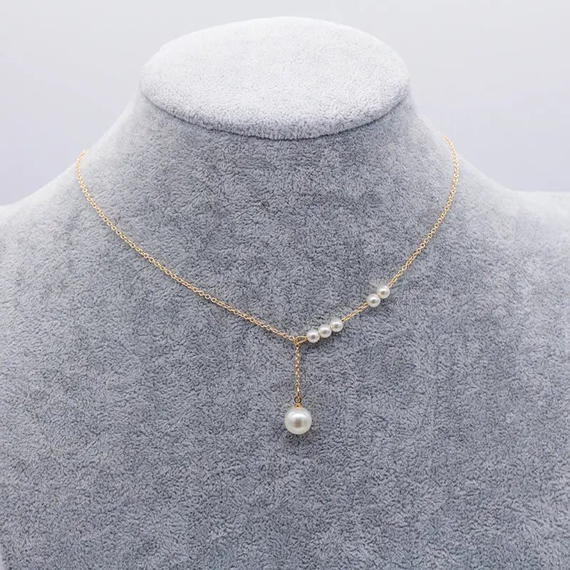 Thread Pearl Charm Necklace - Gold