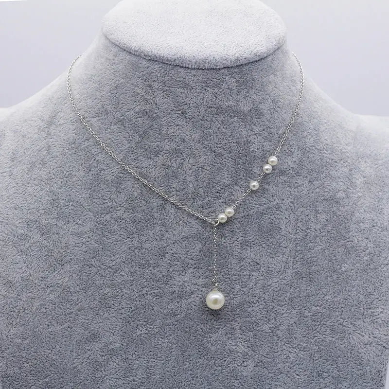 Thread Pearl Charm Necklace - Silver