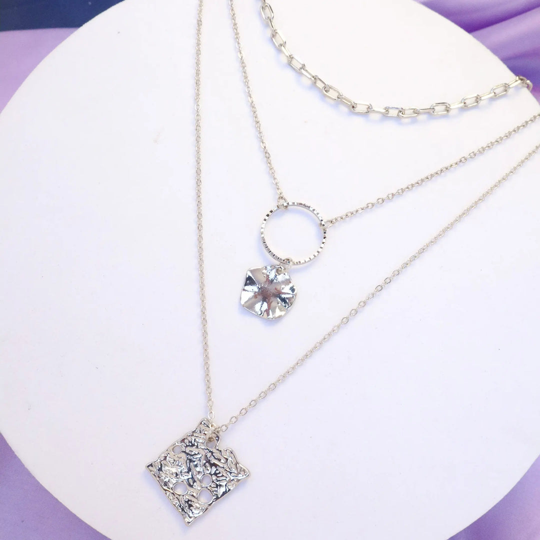 Three Layered Copper Square Round Necklace