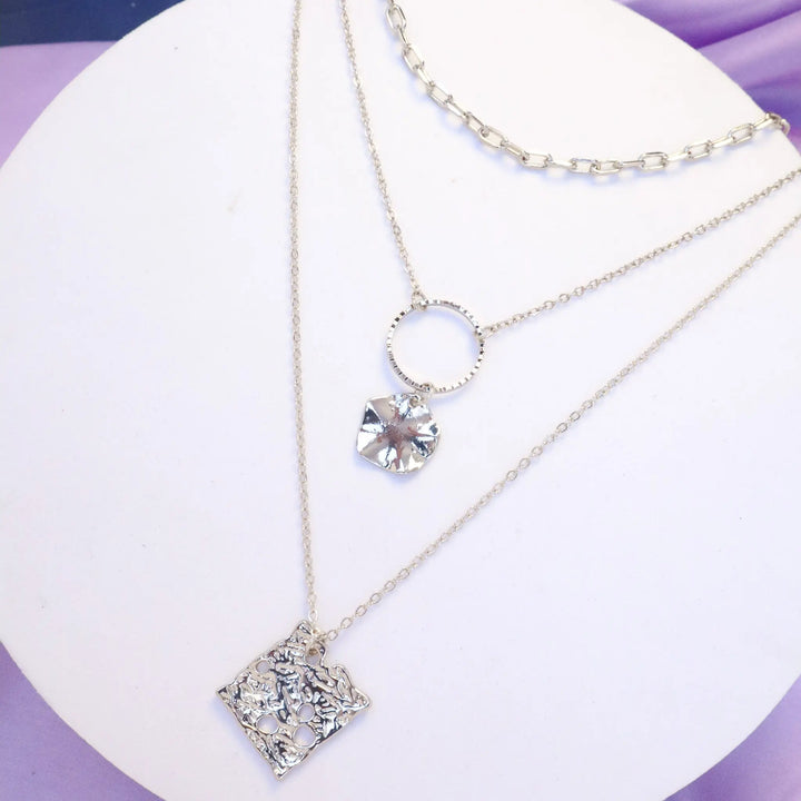 Three Layered Copper Square Round Necklace