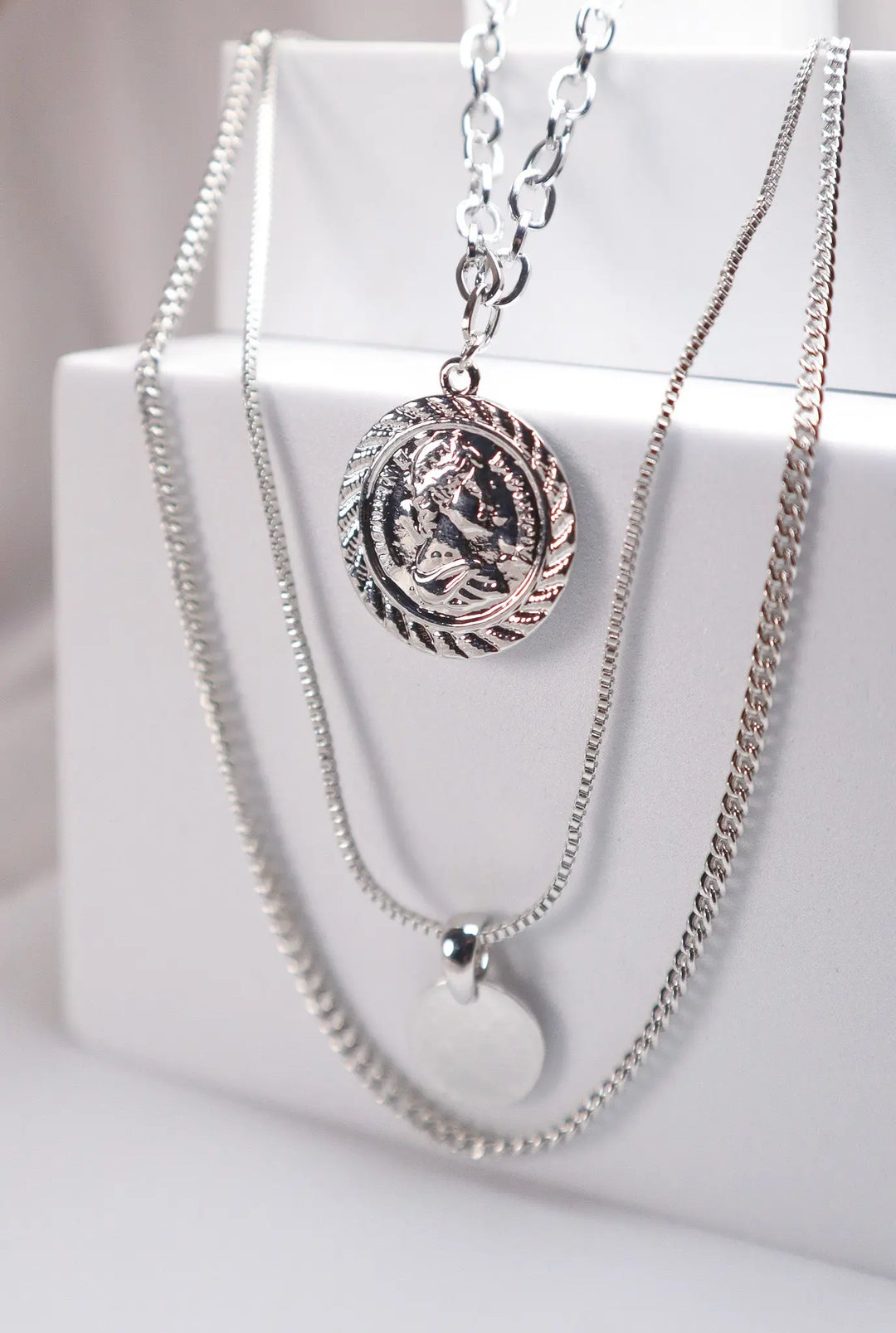 Triple Chain Layered Coin Necklace