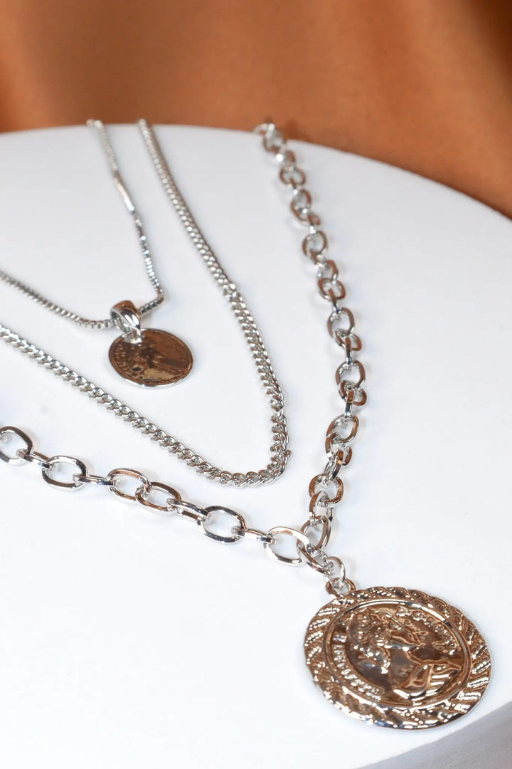 Triple Chain Layered Coin Necklace