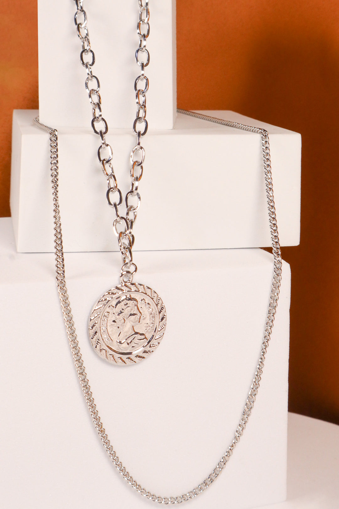 Triple Chain Layered Coin Necklace