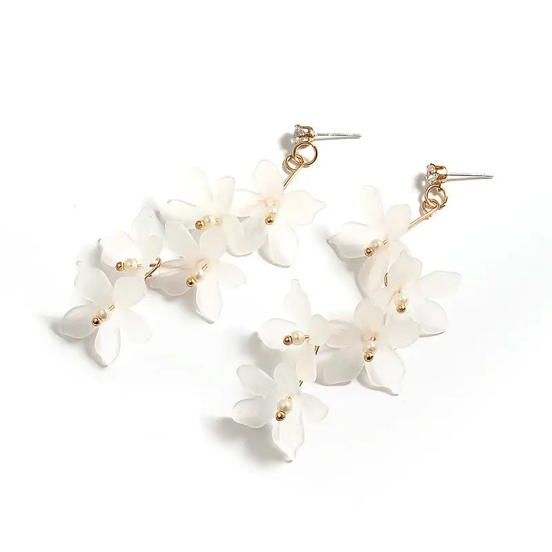 White Acrylic Periwinkle Flower Multiple Drop Earrings