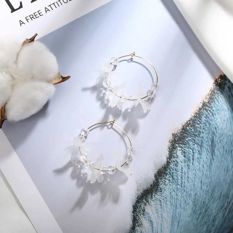 White Acrylic Periwinkle Multiple Flower Hoop Earrings