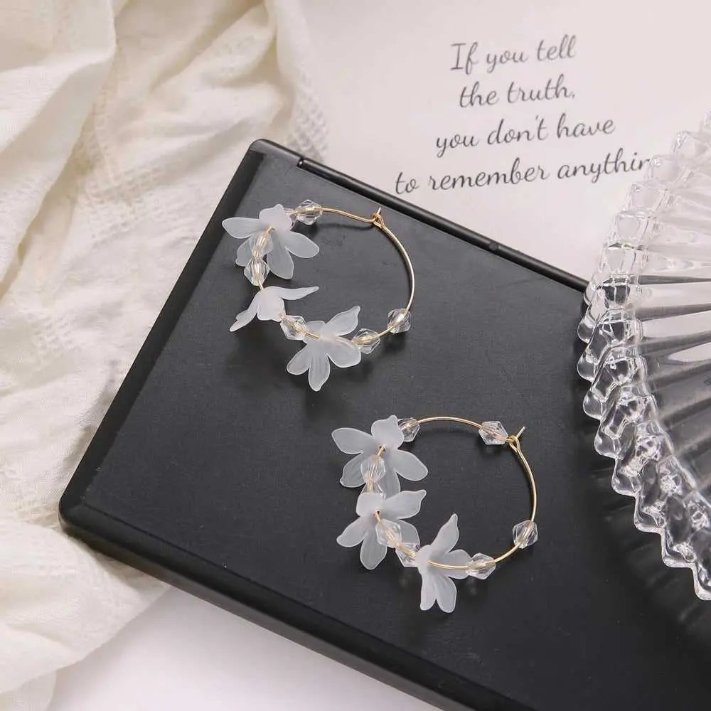 White Acrylic Periwinkle Multiple Flower Hoop Earrings