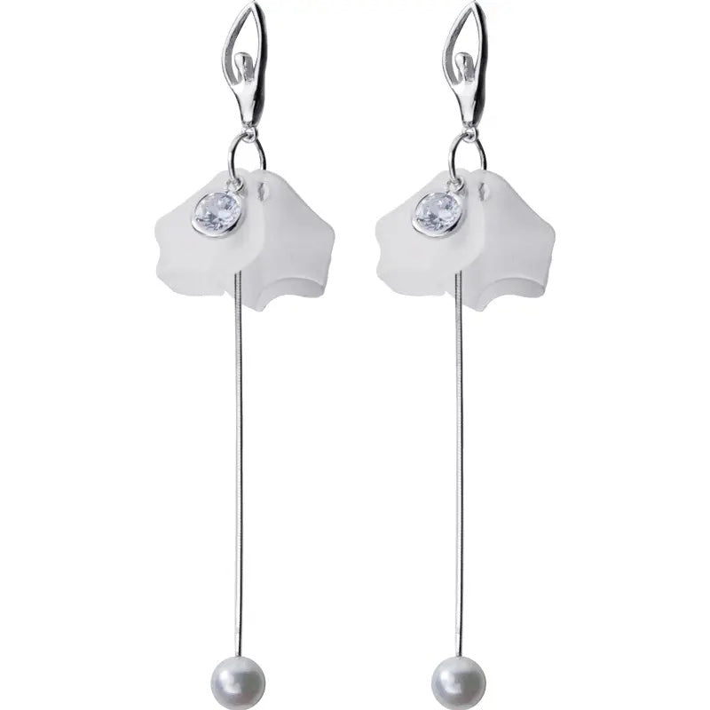 White Acrylic Petal Ballerina Earrings - Silver