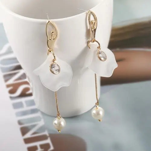 White Acrylic Petal Flower Pearl Drop Ballerina Earrings