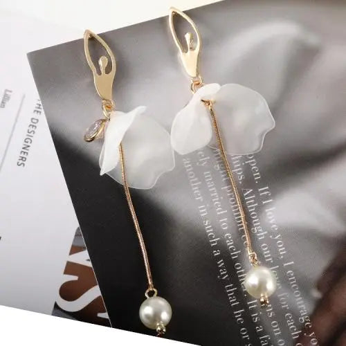 White Acrylic Petal Flower Pearl Drop Ballerina Earrings