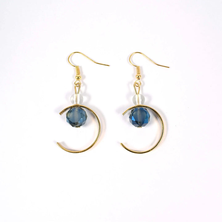 White Opal and Blue Smoky Quartz Moon Shape Drop Earrings