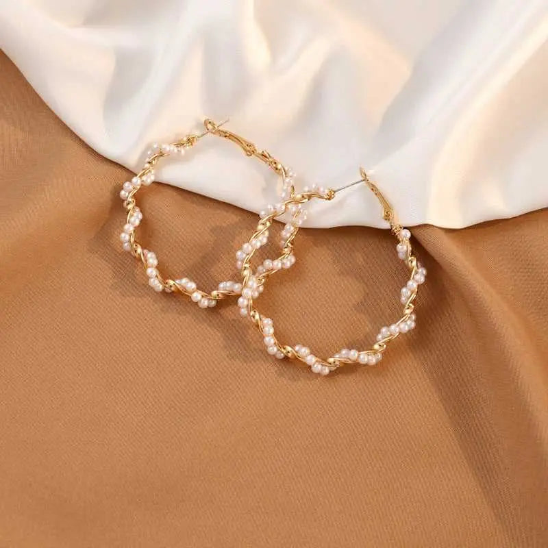 White Pearl Twisted Gold Hoop Earrings