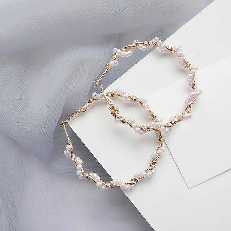 White Pearl Twisted Gold Hoop Earrings