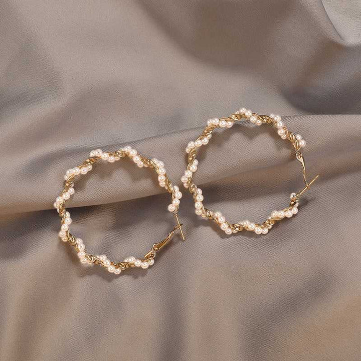 White Pearl Twisted Gold Hoop Earrings