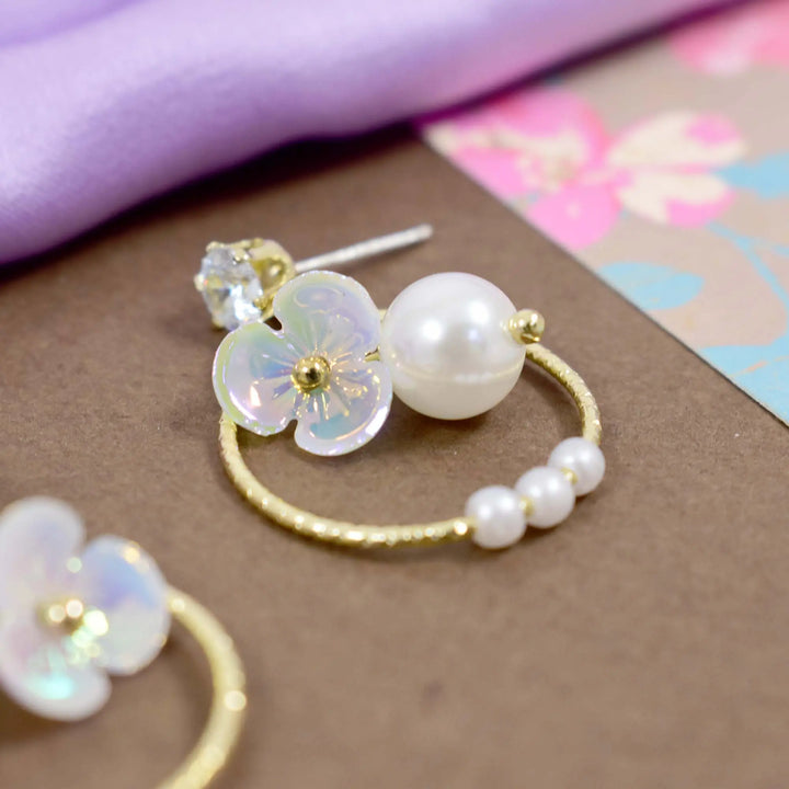 Wreath Hoop Flower Pearl Earrings