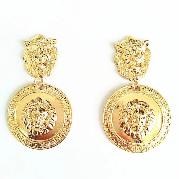 Carved Lion Dented Gold Stud Earrings