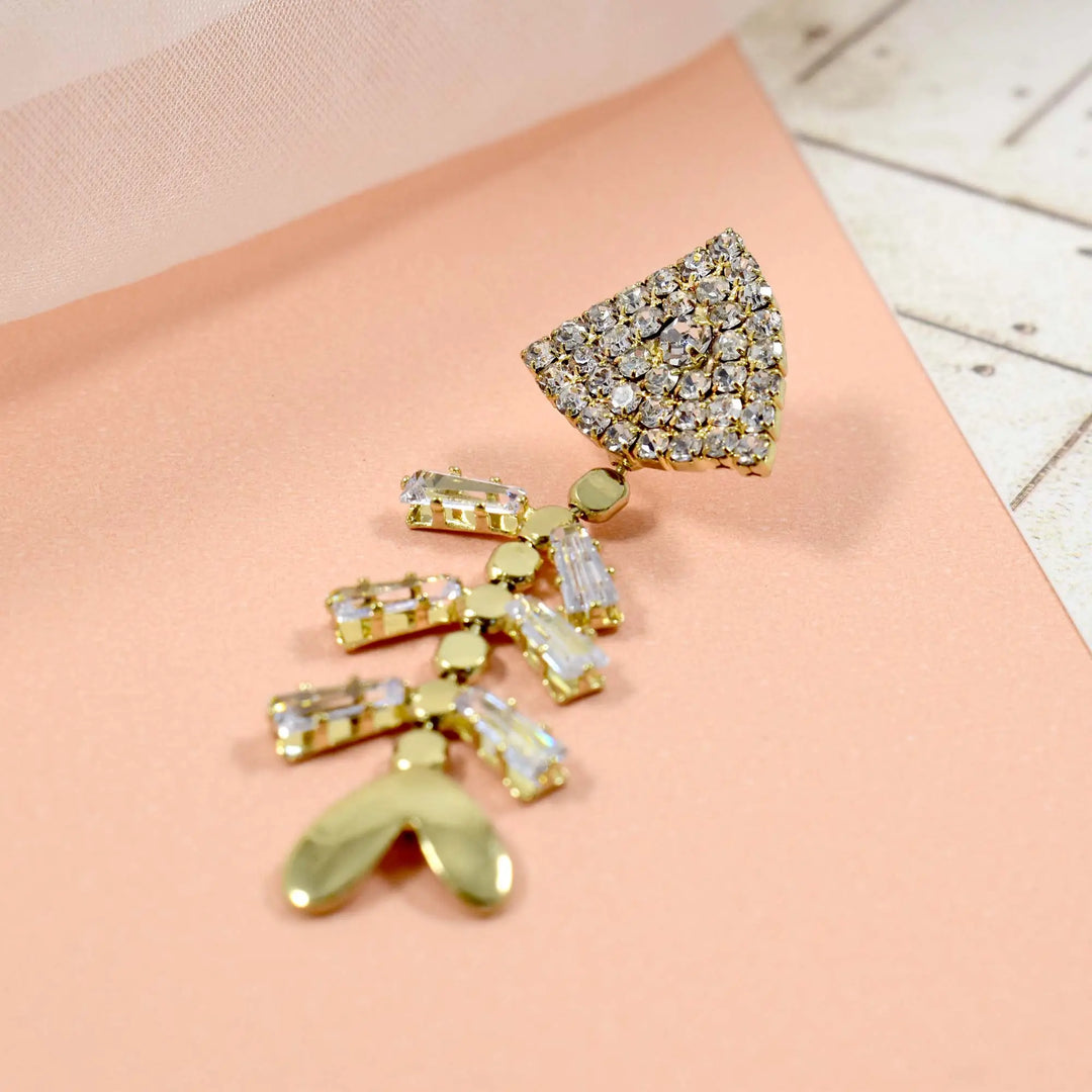 Crystal fishbone dangle gold earring